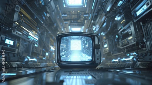 Retro TV in Futuristic Sci-Fi Tunnel with Glowing Blue Lights and Digital Data Stream.