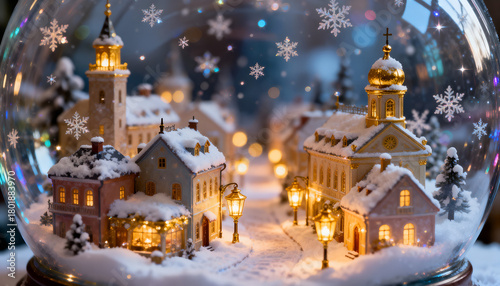 Magical snow globe city illuminated by tiny golden lanterns. Whimsical winter fantasy.