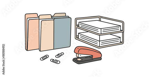 flat vector handdrawn soft palette clean outlines white background stationery desk file folders tab labels blank document tray paper clips stapler no logos