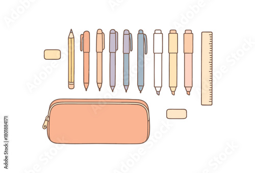 flat vector handdrawn soft palette clean outlines white background stationery desk pencil case pens markers eraser ruler zipper pouch no logos