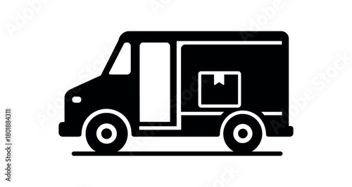 Mail truck with open side door black silhouette with package and step line accents flat delivery vehicle