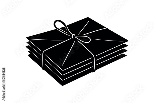 Stack of letters tied with string black silhouette with knot and fold line details classic mail bundle