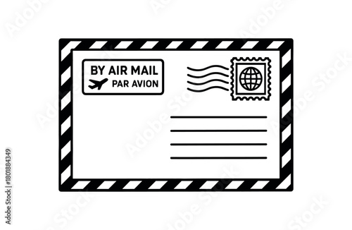 Air mail envelope with striped border black silhouette with edge and icon line accents international postage detail