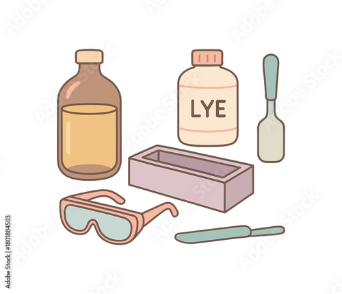 Flat vector soap making cold process: oils bottle lye container mold spatula safety goggles pastel palette clean outlines minimal centered isolated on white no logos