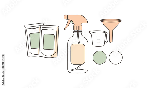 Flat vector cleaning concentrates: refill sachets glass spray bottles measuring cup funnel labels placeholders pastel palette clean outlines minimal centered isolated on white no logos