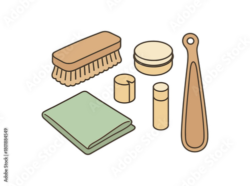 Flat vector shoe care eco: wooden brush polish tin cloth natural wax stick shoehorn pastel palette clean outlines minimal centered isolated on white no logos