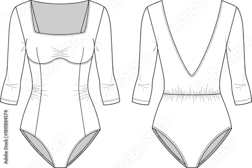 bodysuit, fashion sketch, technical drawing, flat sketch, front back view, apparel design, 