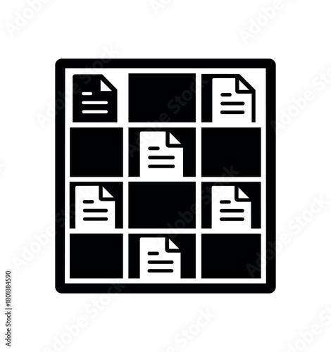 Mail organizer with open shelves black silhouette with document and divider line accents office mailroom icon