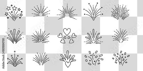 Dynamic celebration bursts and festive fireworks icons create vibrant party atmosphere