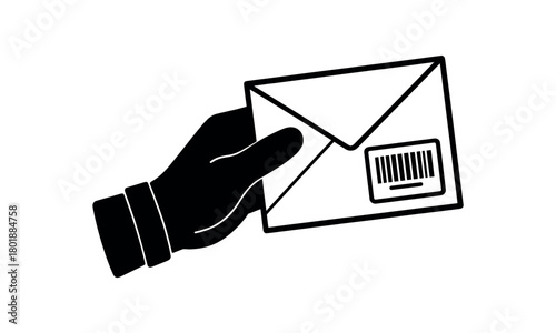 Courier hand with barcode envelope black silhouette with card and glove line details tracked delivery moment