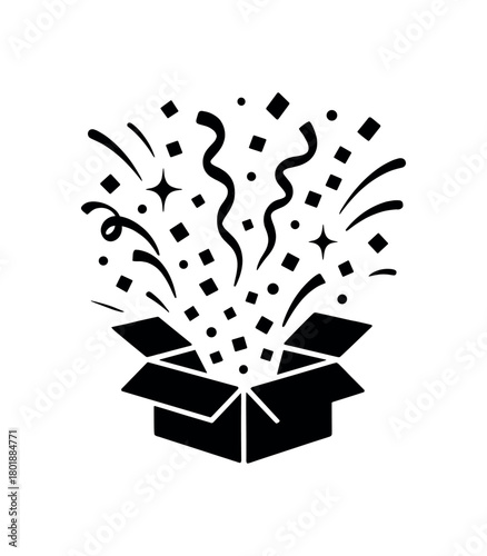 Confetti popping from open box black silhouette with spark and flap line accents festive delivery moment