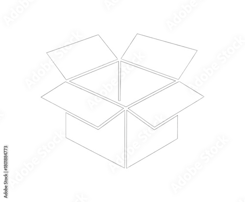 Open box with flaps raised black silhouette with corner and fold line accents unboxing moment visual