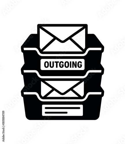 Stacked outgoing mail trays black silhouette with paper and label line accents post office workflow icon