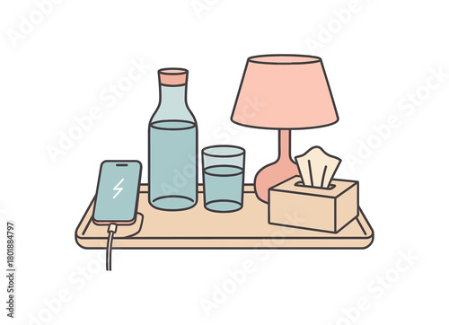 Flat vector nightstand essentials: phone on charger water carafe with glass tissues lamp tray pastel palette clean outlines minimal centered isolated on white no logos