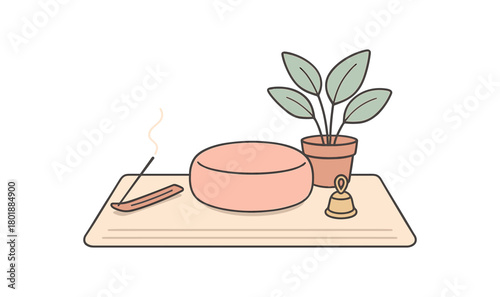 Flat vector meditation corner: cushion incense holder small bell floor rug plant pot pastel palette clean outlines minimal centered isolated on white no logos