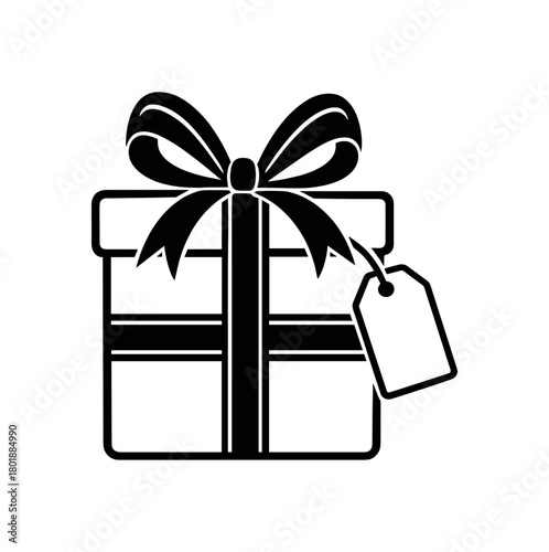Gift box with bow and tag black silhouette with ribbon and card line accents festive present moment