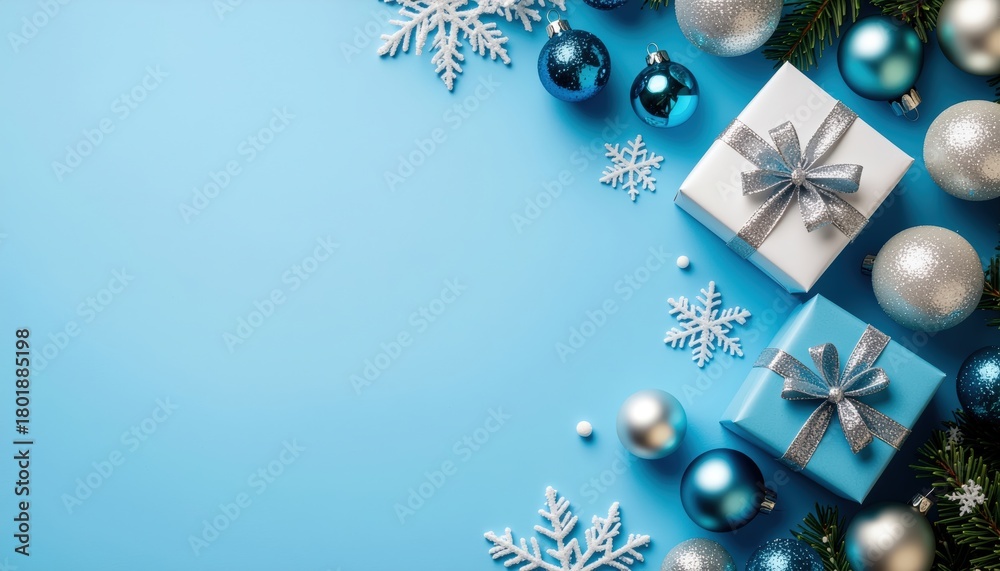 Fototapeta premium Festive gift arrangement with blue and silver accents for christmas celebratory atmosphere flat lay composition decorative elements holiday spirit