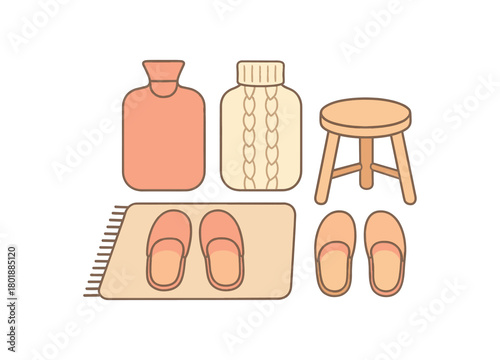 Flat vector warm feet setup: hot water bottle knit cover slippers bedside rug stool pastel palette clean outlines minimal centered isolated on white no logos
