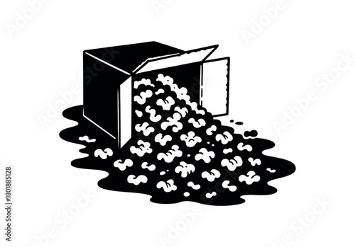 Spilled packing peanuts from carton black silhouette with foam and spill line accents unpacking mess visual