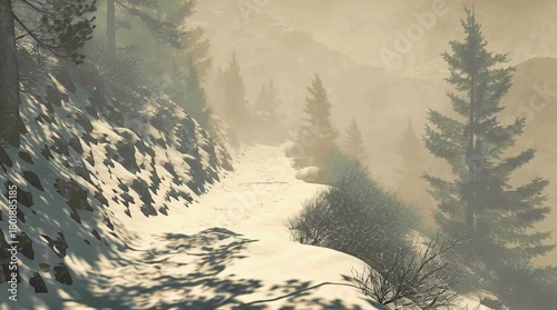 Snowy Mountain Road with Pine Trees and Sunlight.