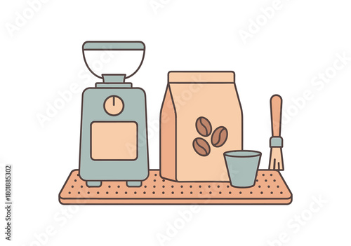 Flat vector espresso station: grinder beans bag dosing cup brush bar mat pastel palette clean outlines minimal centered isolated on white no logos