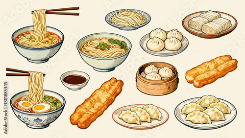 A collection of noodle delicacies, cartoon hand-drawn vector illustrations, dumplings, noodles, shumai, steamed buns, mantou, and bread