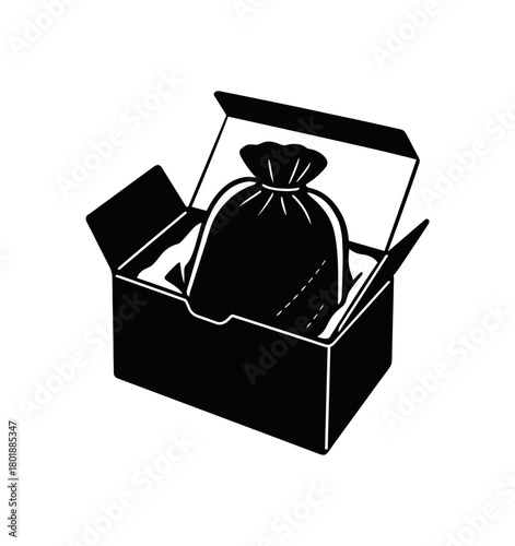 Product fabric pouch inside box black silhouette with bag and fold line accents protective packaging moment