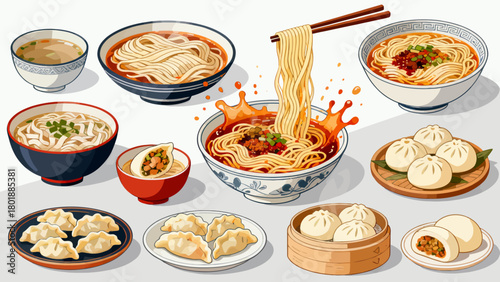 A collection of noodle delicacies, cartoon hand-drawn vector illustrations, dumplings, noodles, shumai, steamed buns, mantou, and bread