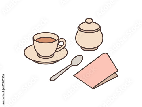 Flat vector espresso cups set: demitasse cup saucer spoon sugar bowl napkin pastel palette clean outlines minimal centered isolated on white no logos
