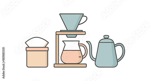 Flat vector pour over set: dripper server kettle filters can stand pastel palette clean outlines minimal centered isolated on white no logos