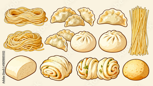 A collection of noodle delicacies, cartoon hand-drawn vector illustrations, dumplings, noodles, shumai, steamed buns, mantou, and bread