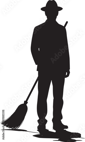 Man in hat holding broom silhouette