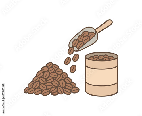 flat vector handdrawn soft palette clean outlines white background zero contain coffee refill beans mound scoop tin canister paper band no logos