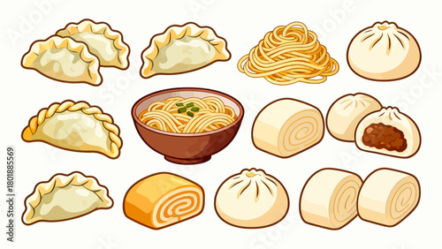 A collection of noodle delicacies, cartoon hand-drawn vector illustrations, dumplings, noodles, shumai, steamed buns, mantou, and bread