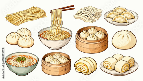 A collection of noodle delicacies, cartoon hand-drawn vector illustrations, dumplings, noodles, shumai, steamed buns, mantou, and bread