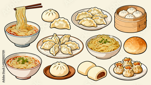 A collection of noodle delicacies, cartoon hand-drawn vector illustrations, dumplings, noodles, shumai, steamed buns, mantou, and bread