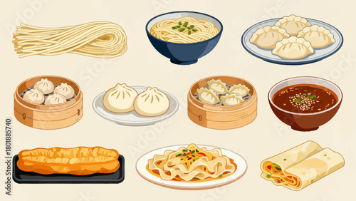A collection of noodle delicacies, cartoon hand-drawn vector illustrations, dumplings, noodles, shumai, steamed buns, mantou, and bread