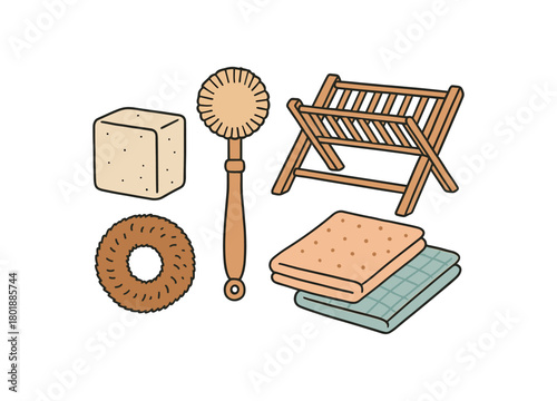 flat vector handdrawn soft palette clean outlines white background zero contain dish wooden brush coconut scourer drying rack cloths no logos