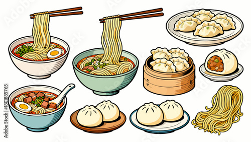 A collection of noodle delicacies, cartoon hand-drawn vector illustrations, dumplings, noodles, shumai, steamed buns, mantou, and bread