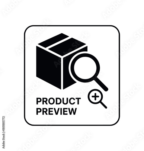 Product preview with icon black silhouette with box and loupe line accents detail view interaction