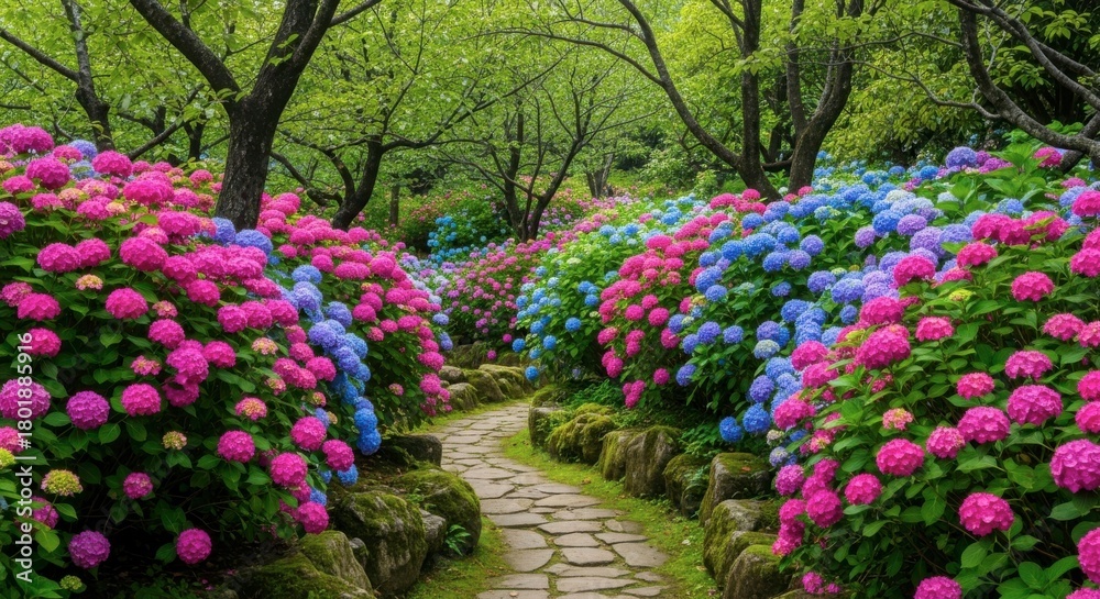 Fototapeta premium Pathway through a vibrant garden filled with colorful hydrangeas and lush trees