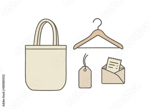 flat vector handdrawn soft palette clean outlines white background zero contain thrift haul canvas tote hanger set tag remover receipt pouch no logos