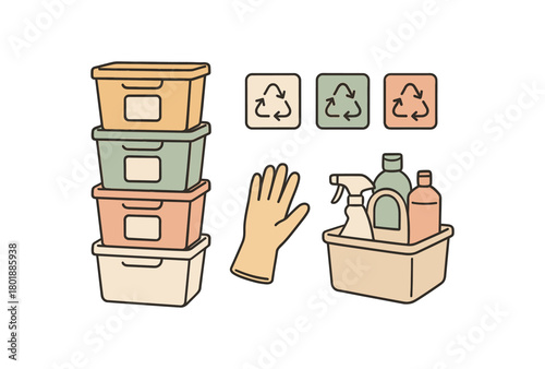 flat vector handdrawn soft palette clean outlines white background zero contain recycle sort stackable bins icon cards blank glove caddy no logos