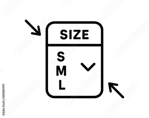 Size selection dropdown menu black silhouette with label and arrow line accents flat shop form element