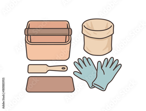 Flat vector espresso knock setup: knock box bin liner scraper gloves mat pastel palette clean outlines minimal centered isolated on white no logos