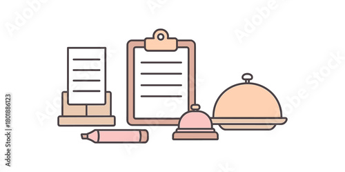Flat vector order station: ticket holder marker clipboard bell tray pastel palette clean outlines minimal centered isolated on white no logos