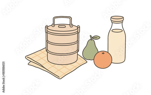 flat vector handdrawn soft palette clean outlines white background zero contain picnic low waste tiffin lunch box cloth napkin fruit naked bottle no logos