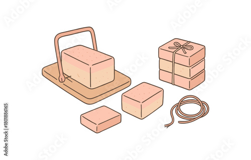 flat vector handdrawn soft palette clean outlines white background zero contain soap cut loaf on board wire cutter bar stack paper band blank twine no logos