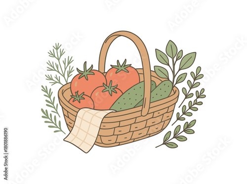 flat vector handdrawn soft palette clean outlines white background zero contain garden harvest wicker trug tomatoes cucumbers herbs linen towel no logos