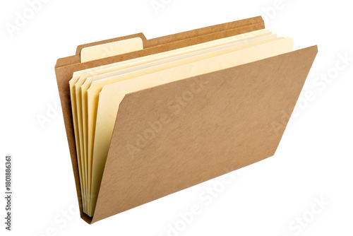 An open brown expanding accordion file folder with multiple dividers for organizing documents and paperwork, isolated on a clean white background